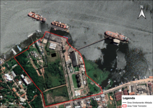 Imagem mostra um mapa feito com ferramenta de geoprocessamento pertencente a um relatório de estudo ambiental. RCA/PCA